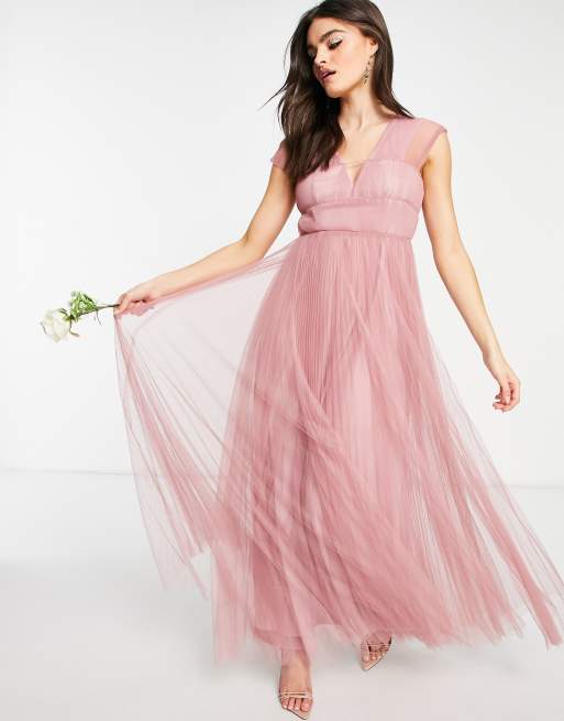 ASOS DESIGN tulle plunge maxi dress with shirred sleeves in rose ASOS