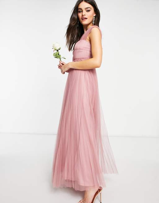 ASOS DESIGN tulle plunge maxi dress with shirred sleeves in rose