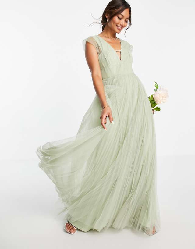 ASOS DESIGN tulle plunge maxi dress with shirred sleeves in sage