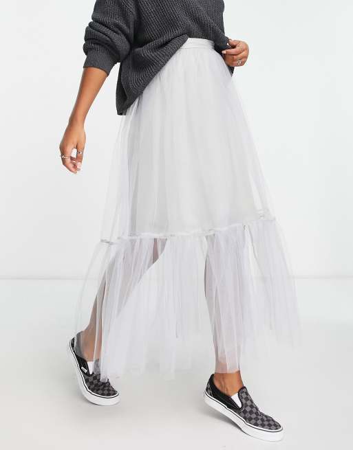 ASOS DESIGN tulle tiered maxi skirt in dove grey