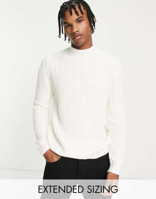 ASOS DESIGN - Tung fiskermandtrøje med ribstrik og rullekrave i hvid