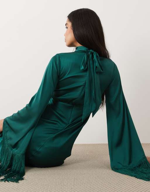 ASOS DESIGN - Turkisgrøn maxikjole i satin med tværsnit og draperende hals samt frynseærmer, 2 af 4