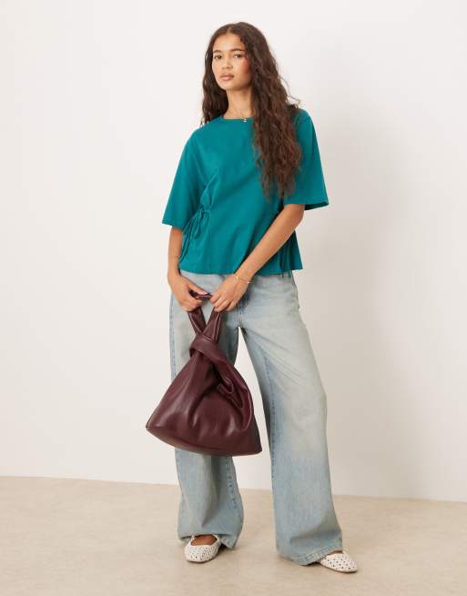 ASOS DESIGN – Turkos t-shirt med indraget knytband i sidan, 2 av 4