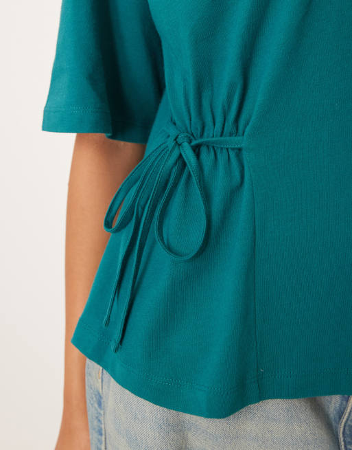 ASOS DESIGN – Turkos t-shirt med indraget knytband i sidan, 3 av 4