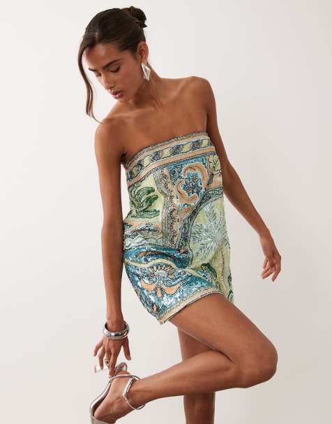 ASOS DESIGN – Turkos, utsmyckad miniklänning med palmmotiv och korsettdetalj på insidan - view 1