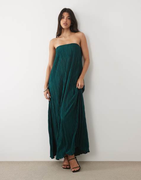 ASOS DESIGN – Turkusowa plisowana sukienka trapezowa midi z dekoltem bandeau - view 1