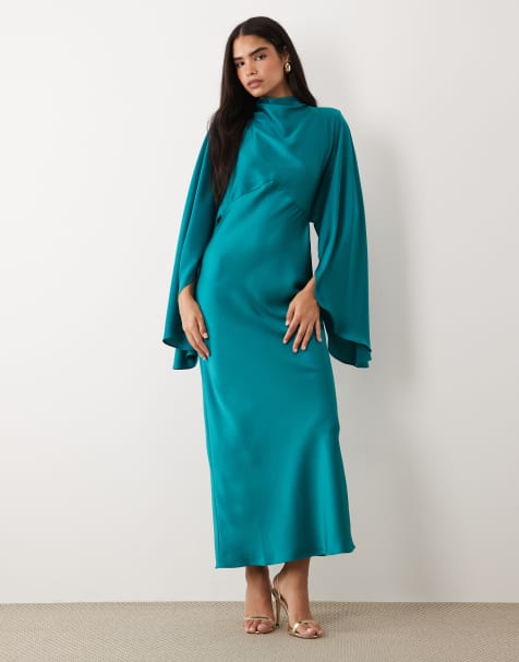 ASOS DESIGN – Turkusowa satynowa sukienka maxi z zabudowanym dekoltem i obszernymi rękawami - view 1