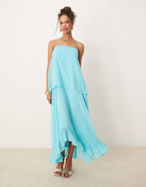 ASOS DESIGN cami crinkle  overlay midi dress with ruffle in turquoise