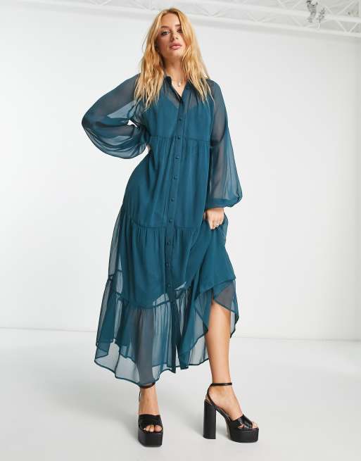  ASOS DESIGN – Turkusowa warstwowa sukienka koszulowa maxi zapinana na guziki