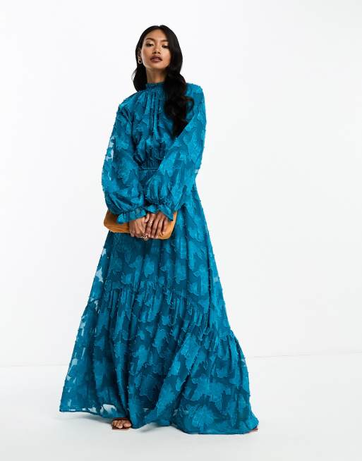 ASOS DESIGN – Turkusowa żakardowa sukienka maxi z zabudowanym dekoltem i obszernymi rękawami 