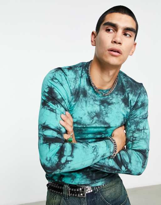 ASOS DESIGN – Turkusowy T-shirt o kroju podkreślającym sylwetkę z długim rękawem i efektem tie-dye