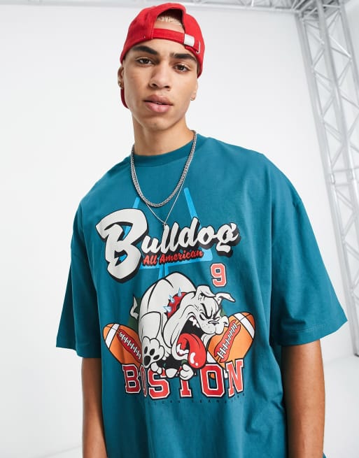 ASOS DESIGN – Turkusowy T-shirt oversize z nadrukiem buldoga z przodu
