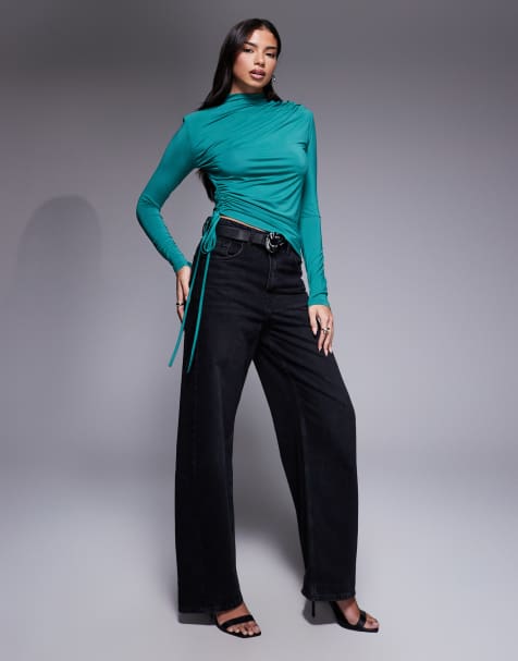 ASOS DESIGN – Turkusowy zabudowany top z długimi regulowanymi rękawami i poduszkami na ramionach - view 1