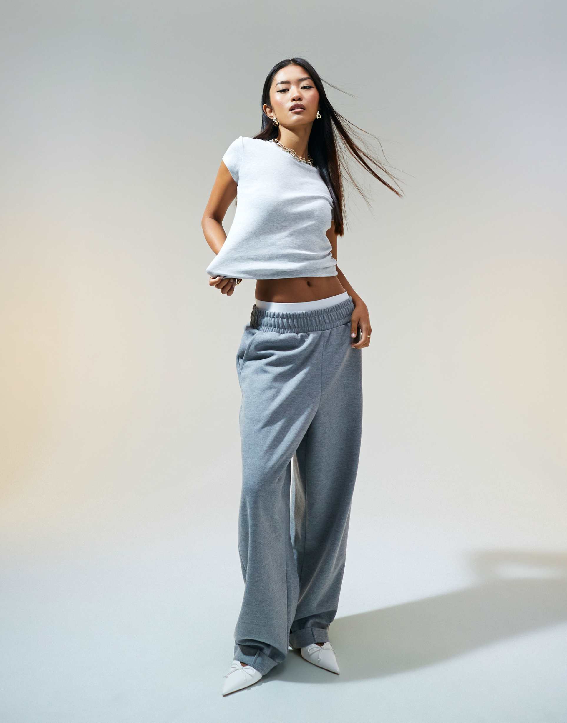 asos design turn-back hem pants in scuba fabric in charcoal heather