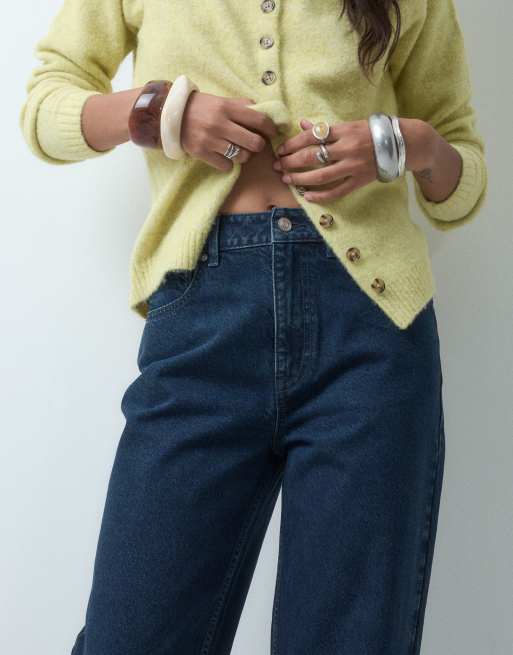ASOS DESIGN turn up barrel jeans in dark midwash blue, 2 of 5