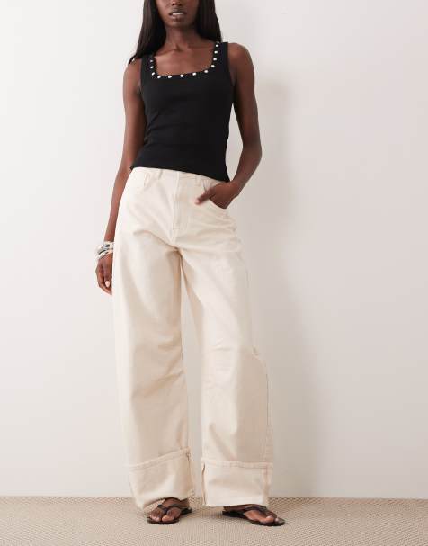ASOS DESIGN turn up barrel jeans in ecru - view 1