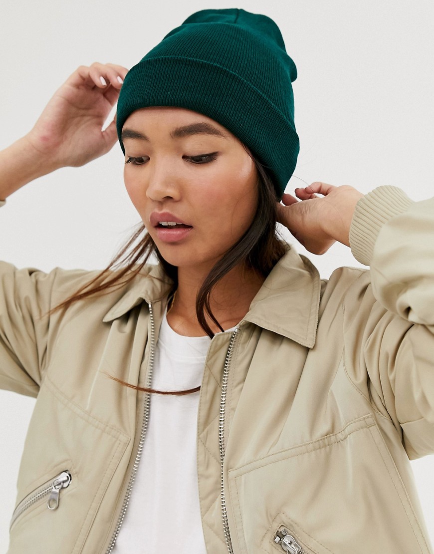ASOS DESIGN turn up beanie hat in recycled polyester in green
