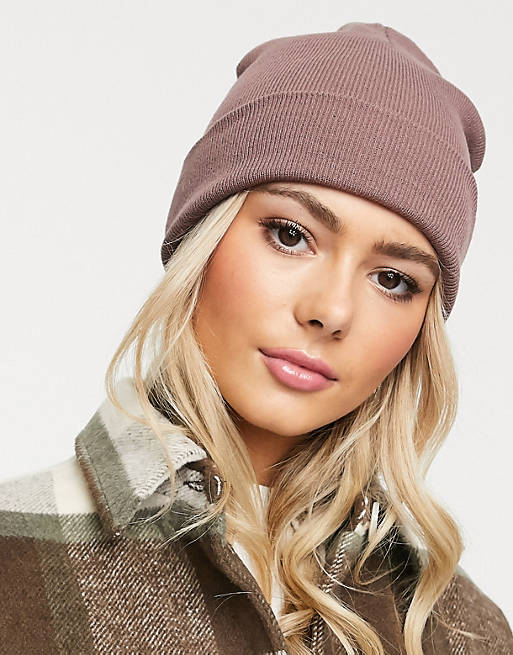 ASOS DESIGN turn up beanie hat in recycled polyester in pink