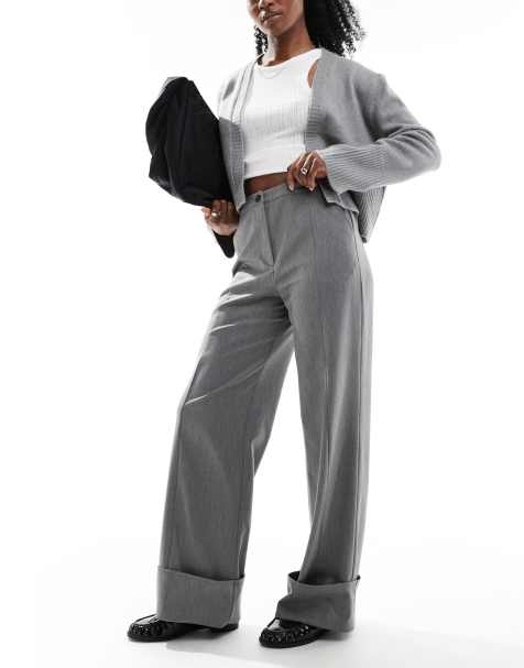 ASOS DESIGN turn up cuff wide leg tailored trouser in grey - view 1