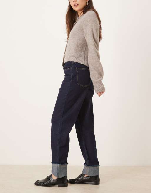 ASOS DESIGN turn up dad jean with distressed cuff in indigo, 2 of 5