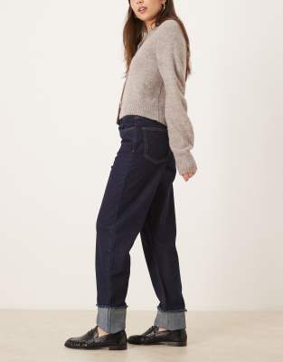 Asos Design Turn-up Dad Jeans With Distressed Cuff In Blue