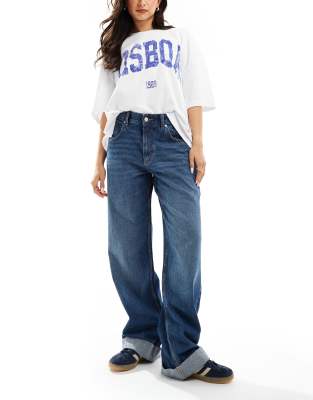 turn up hem mid rise baggy boyfriend jeans in mid blue