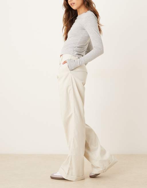ASOS DESIGN turn up hem wide leg cord pants in cream , 4 of 5