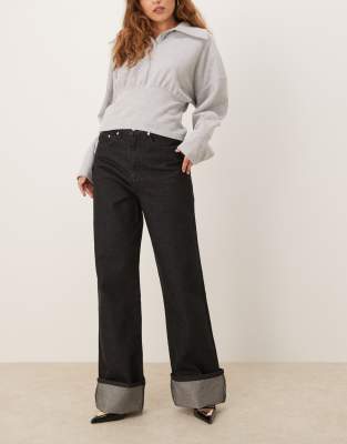 Asos Design Turn Up Jean In Washed Black