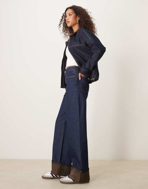 ASOS DESIGN turn up jeans with contrast brown color in indigo