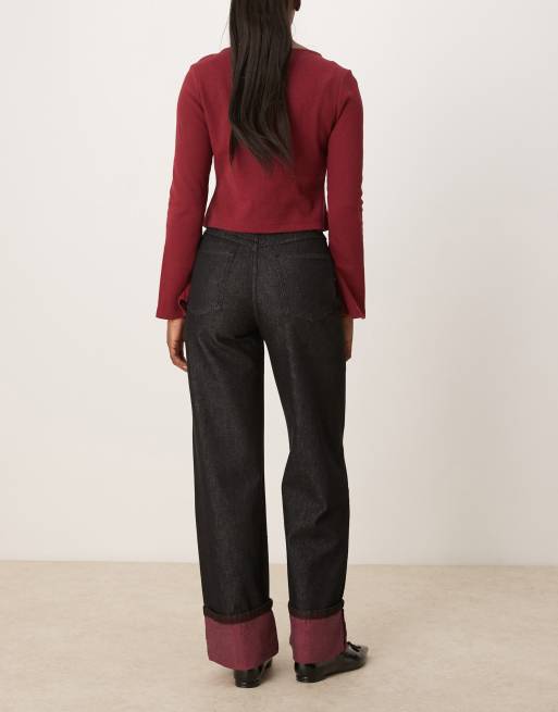 ASOS DESIGN turn up jeans with contrast colour in black, 2 of 5