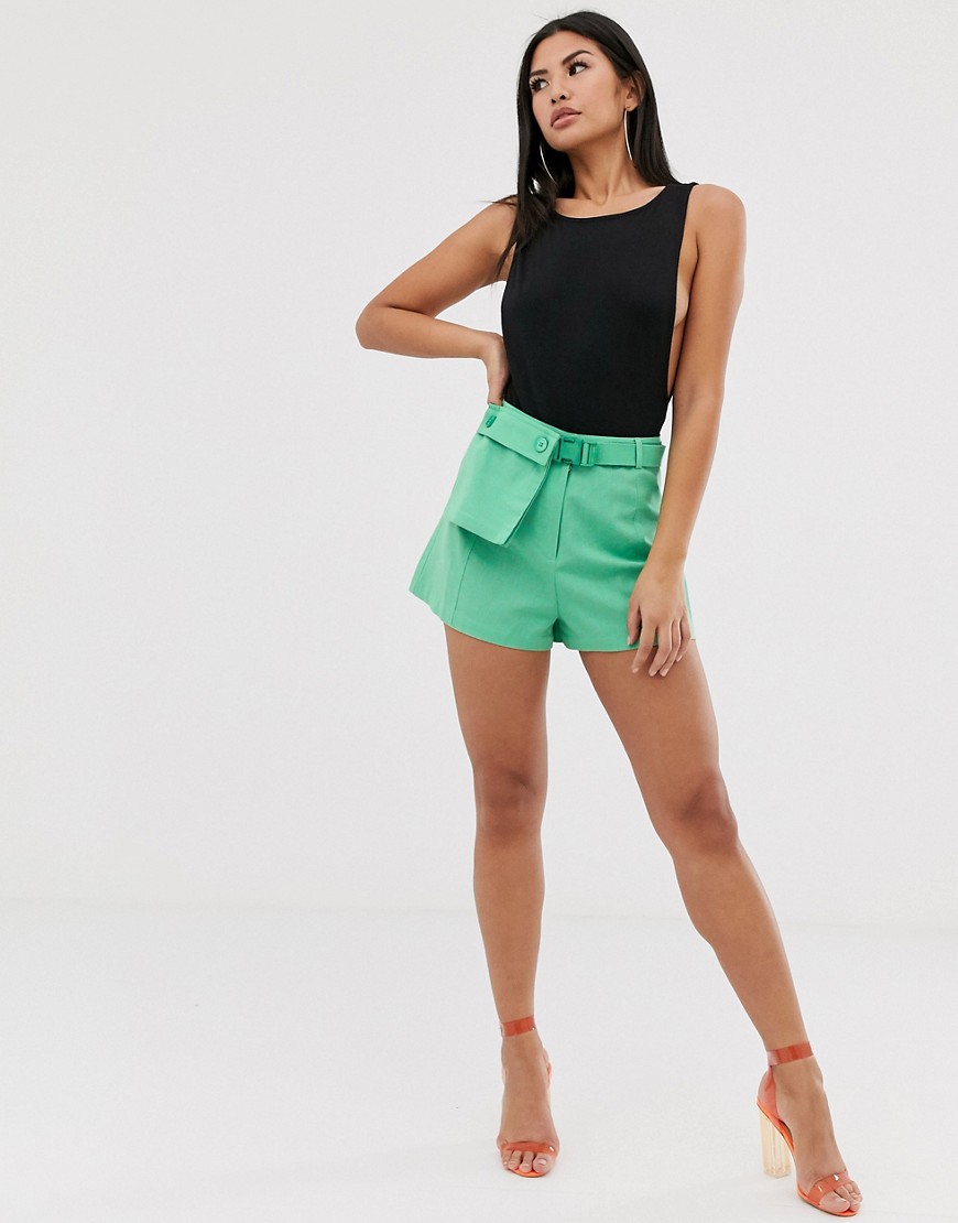 ASOS DESIGN turn up shorts with bumbag belt-Green