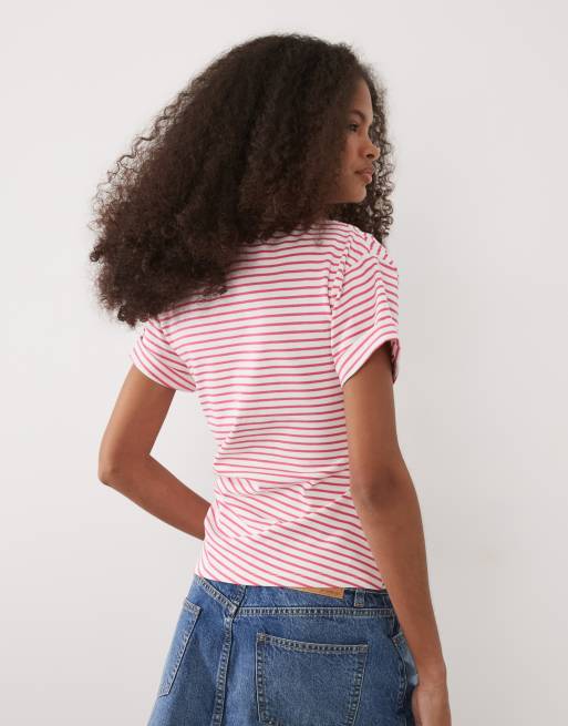 ASOS DESIGN turn-up sleeve ruched side t-shirt in pink and white stripe, 4 of 4