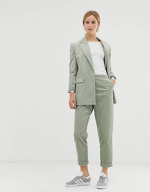 ASOS DESIGN turn up tapered sage cord suit trousers