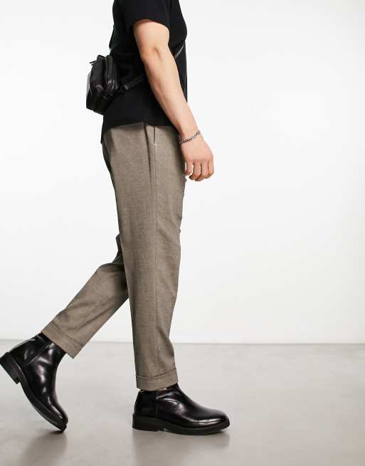 ASOS DESIGN turn up tapered smart trousers in stone micro texture, 3 of 4