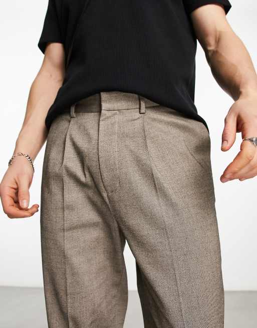 ASOS DESIGN turn up tapered smart trousers in stone micro texture, 4 of 4