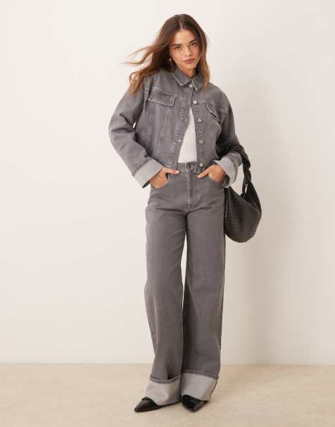 ASOS DESIGN turn up wide leg jean in grey wash - view 1