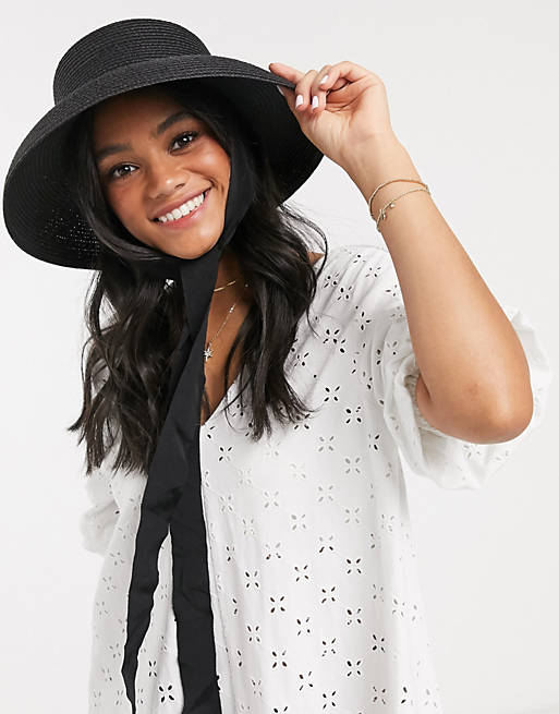 ASOS DESIGN turned edge straw hat with removable ties and size adjuster in black