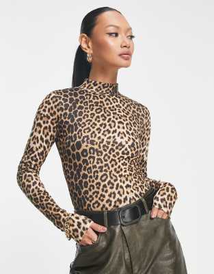 GANNI, Leopard Printed Mesh Turtleneck Top