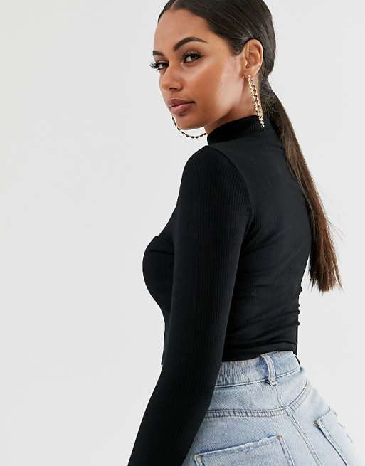 Long Sleeve Mock Neck Rib Top Black Long Sleeve Mock Neck Rib Top Black