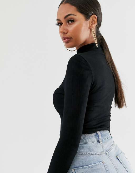 Ribbed Long Sleeved Turtle Neck Top Black