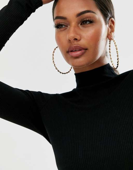 ASOS DESIGN turtle neck long sleeve rib crop top in black