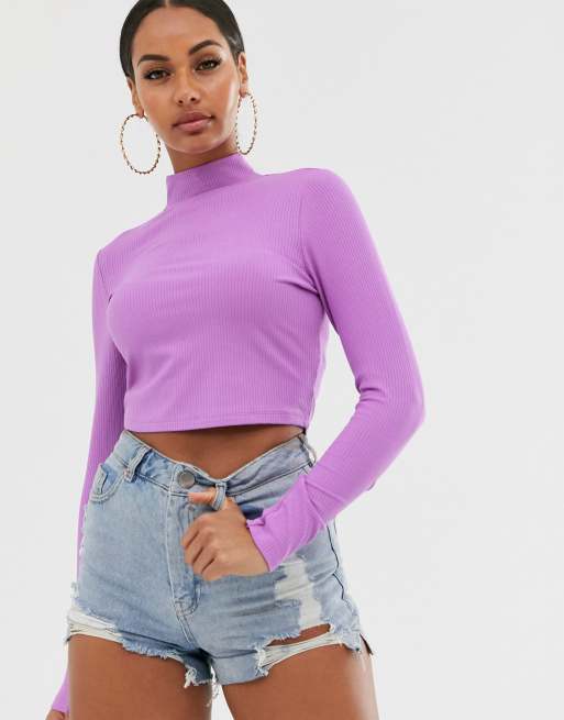 ASOS DESIGN turtle neck long sleeve rib crop top in purple