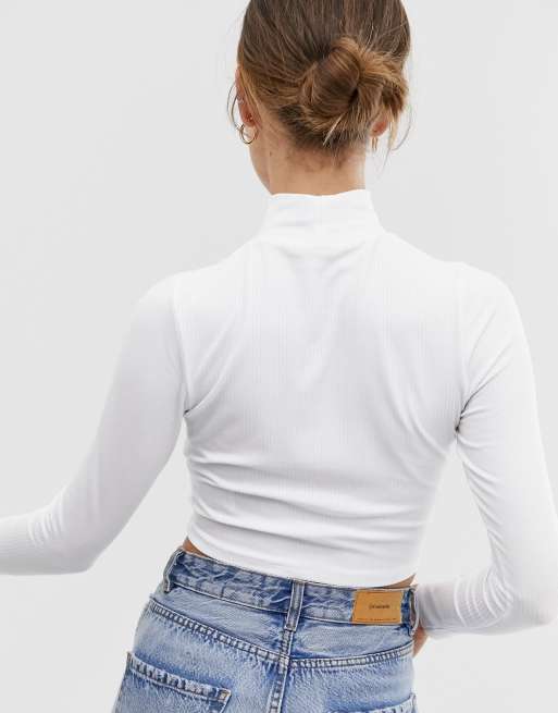 ASOS DESIGN turtle neck long sleeve rib crop top in white