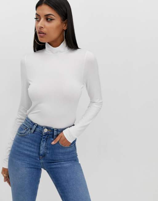 White mock neck top long sales sleeve