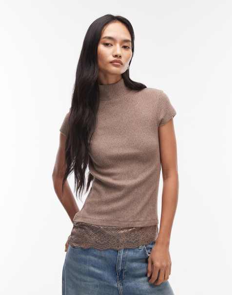 ASOS DESIGN turtle neck short sleeve with lace asymmetric hem top in brown - view 1