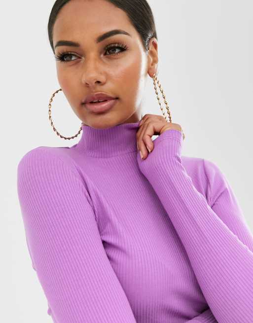 ASOS DESIGN turtleneck long sleeve rib crop top in purple