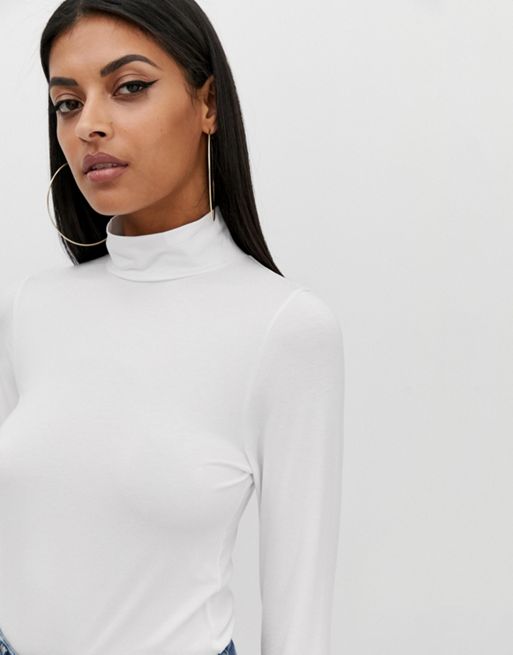 ASOS DESIGN long sleeve bodysuit with turtle neck in bottle green and off  white stripe
