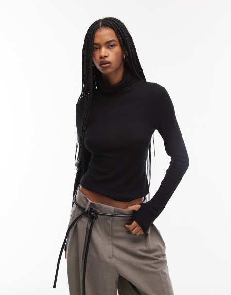 ASOS DESIGN turtleneck supersoft top with thumbholes in black - view 1