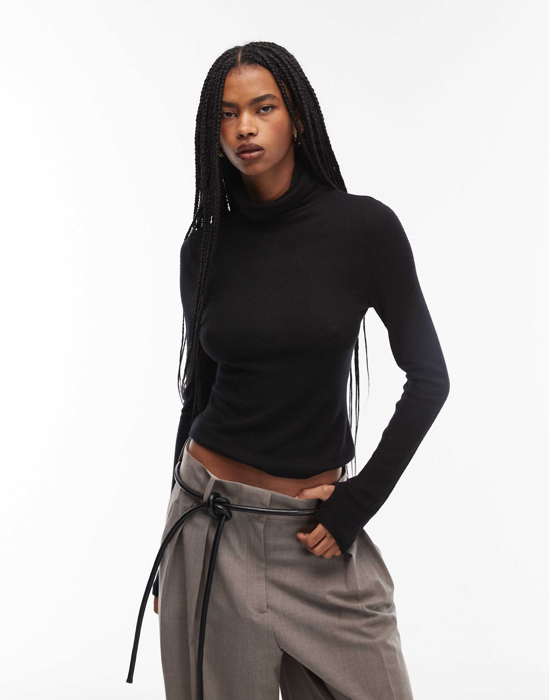 asos design turtleneck supersoft top with thumbholes in black