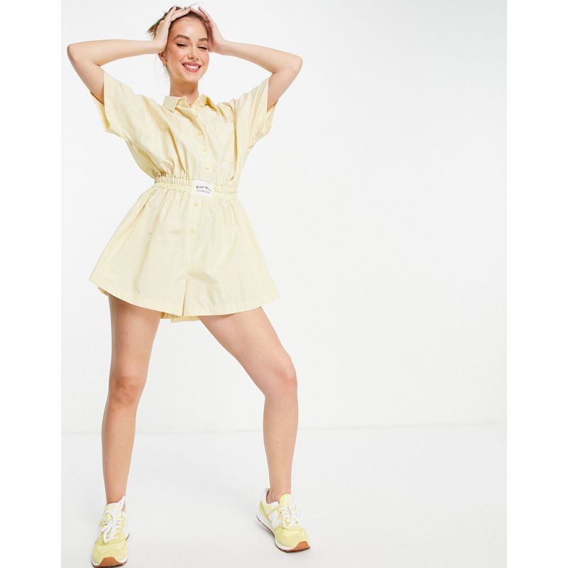 Donna Tute jumpsuit e corte DESIGN - Tuta corta a camicia giallo limone a righe con etichetta in vita
